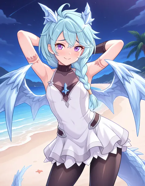 pcrsheffy, light blue hair, long hair, braid, purple eyes, dragon tail, dragon horns, dragon wings, ahoge, arm tattoo, sheffydefdress, white dress, covered collarbone, sleeveless, bare shoulders, black gloves, black pantyhose, source anime, shiny skin, hig...