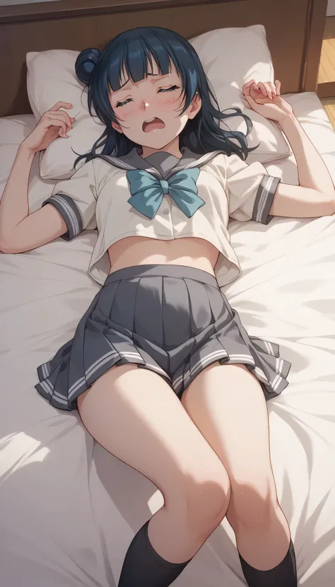 A cheerful and concerned image of Yoshiko Tsushima, with sailor's uniform and short gray skirt with white line, in a room ,  lying on a bed  ,  eyes closed, open arms, legs together, embarrassed,  black socks above the knee , 