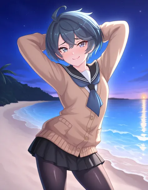 rlsheffy, black hair, blue hair, short hair, ahoge, school uniform, brown cardigan, black sailor collar, blue neckherchief, long sleeves, black skirt, black pantyhose, source anime, shiny skin, high quality, solo, night sky, beach, (hands behind head), ((c...