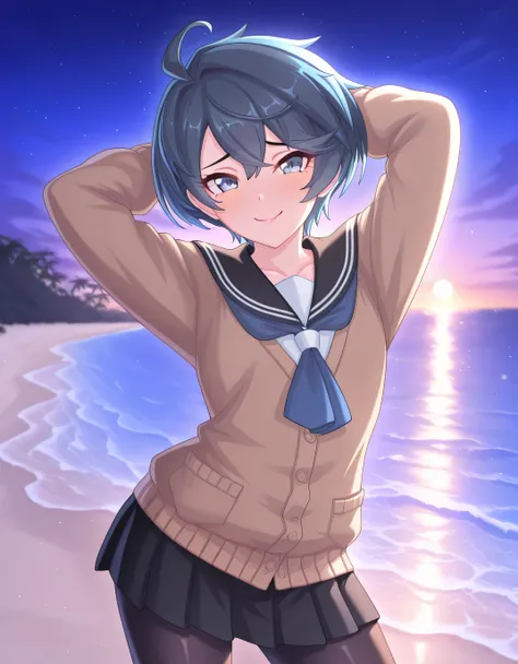 rlsheffy, black hair, blue hair, short hair, ahoge, school uniform, brown cardigan, black sailor collar, blue neckherchief, long sleeves, black skirt, black pantyhose, source anime, shiny skin, high quality, solo, night sky, beach, (hands behind head), ((c...