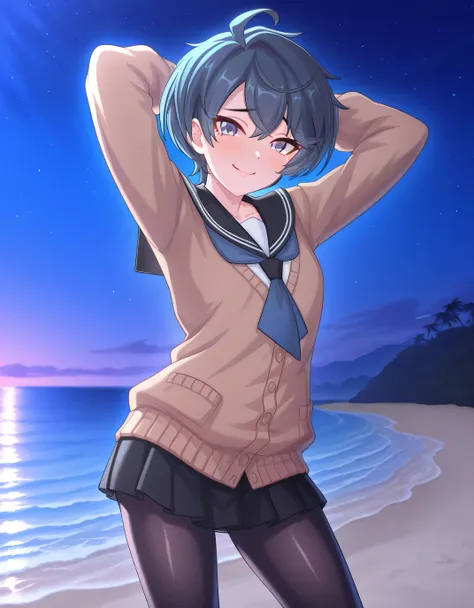 rlsheffy, black hair, blue hair, short hair, ahoge, school uniform, brown cardigan, black sailor collar, blue neckherchief, long sleeves, black skirt, black pantyhose, source anime, shiny skin, high quality, solo, night sky, beach, (hands behind head), ((c...