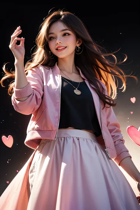 two-dimensional, national foundation, pastel colors, watercolor, line art, ankymoore, woman, alone, long hair, looking at the audience, long flowing skirt, brown hair, smiling, loose fit crop jacket, brown eyes, jewelry, Hearts in the air, view from below,...