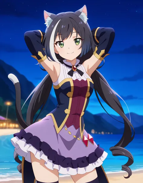 anime screencap, masterpiece, best quality,
1girl, solo, closed mouth, smile,
long hair, streaked hair, black hair, white hair, low twintails, green eyes, cat ears, cat tail,
KarylDress, multicolored dress, red brooch, detached sleeves, gold trim, red gems...