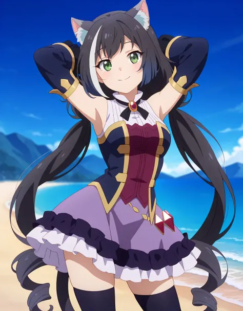 anime screencap, masterpiece, best quality,
1girl, solo, closed mouth, smile,
long hair, streaked hair, black hair, white hair, low twintails, green eyes, cat ears, cat tail,
KarylDress, multicolored dress, red brooch, detached sleeves, gold trim, red gems...