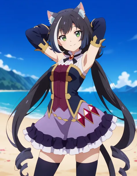 anime screencap, masterpiece, best quality,
1girl, solo, closed mouth, smile,
long hair, streaked hair, black hair, white hair, low twintails, green eyes, cat ears, cat tail,
KarylDress, multicolored dress, red brooch, detached sleeves, gold trim, red gems...