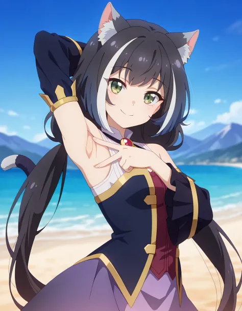 anime screencap, masterpiece, best quality,
1girl, solo, closed mouth, smile,
long hair, streaked hair, black hair, white hair, low twintails, green eyes, cat ears, cat tail,
KarylDress, multicolored dress, red brooch, detached sleeves, gold trim, red gems...