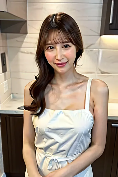 (Highest Quality、table top、8k、best image quality、winning work)、1. Pretty Girl、( Naked and Wears Only a White Apron:1.1)、( perfect pure white apron :1.1)、 perfect portrait photo 、glowing skin、brown hair、(accentuate your body line:1.Standing Elegantly、(face ...