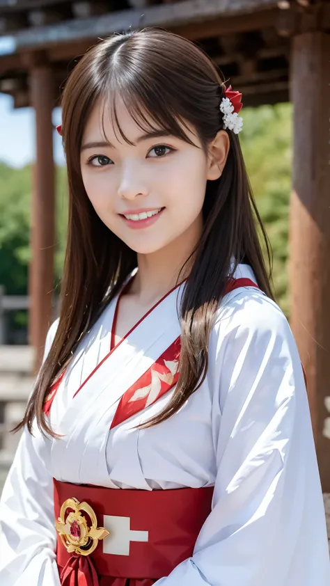 ( face up:1.2)、 Highest Quality、 ultra high definition、(Photographically: 1.3)、 beautiful eyes on my stomach、 so beautiful、 wide shiny hair 、 mature and elegant、(smile、smile:1.4)、(Cute Shrine Maiden, wearing white Japanese clothes,red hakama, Inside a Japa...