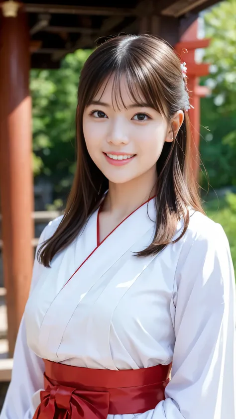 ( face up:1.2)、 Highest Quality、 ultra high definition、(Photographically: 1.3)、 beautiful eyes on my stomach、 so beautiful、 wide shiny hair 、 mature and elegant、(smile、smile:1.4)、(Cute Shrine Maiden, wearing white Japanese clothes,red hakama, Inside a Japa...