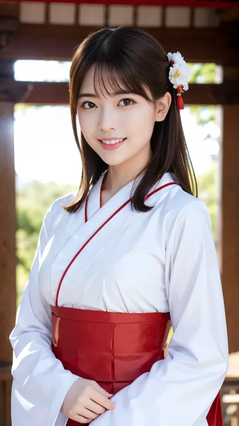 ( face up:1.2)、 Highest Quality、 ultra high definition、(Photographically: 1.3)、 beautiful eyes on my stomach、 so beautiful、 wide shiny hair 、 mature and elegant、(smile、smile:1.4)、(Cute Shrine Maiden, wearing white Japanese clothes,red hakama, Inside a Japa...