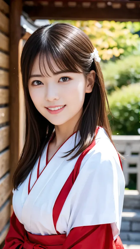 ( face up:1.2)、 Highest Quality、 ultra high definition、(Photographically: 1.3)、 beautiful eyes on my stomach、 so beautiful、 wide shiny hair 、 mature and elegant、(smile、smile:1.4)、(Cute Shrine Maiden, wearing white Japanese clothes,red hakama, Inside a Japa...