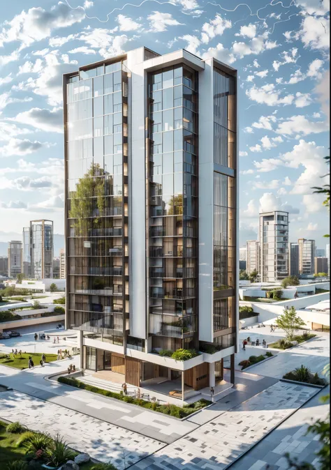 Apartment building by BIG, Realistic. people on walkways, roof top gardens,