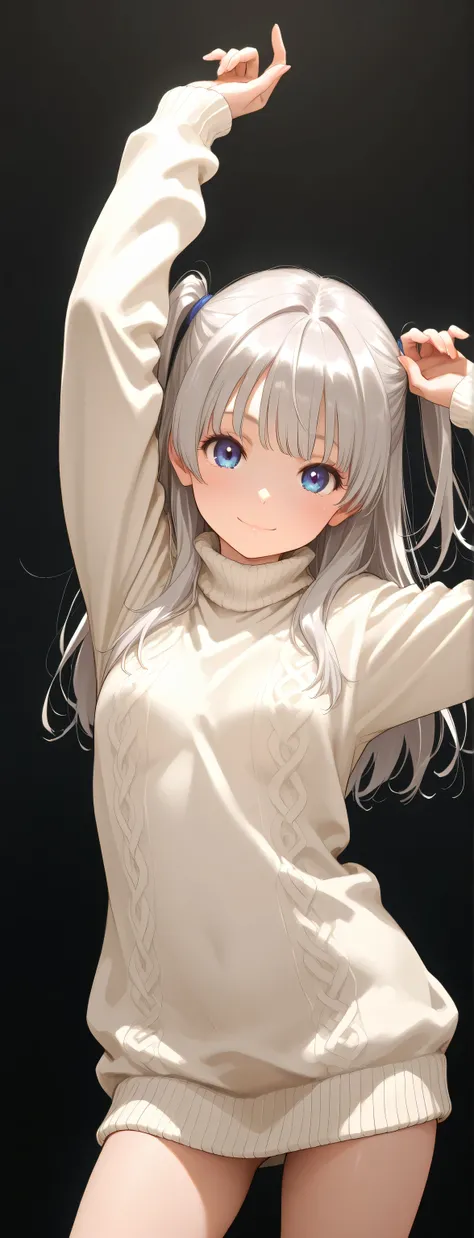 1 girl,looking at viewer, chest up,natural relaxed pose,contrapposto pose,Reaching arms up, one leg slightly bent, petite body, slender figure, small breasts, small frame, innocent smile, bright blue eyes, fair smooth skin, rosy cheeks, glossy lips, cute f...
