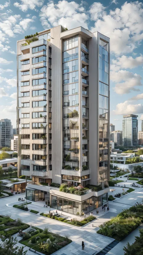 Apartment building, roads, parks, cars, trees, blue sky, standing upright, white wall and glass, rooftop garden