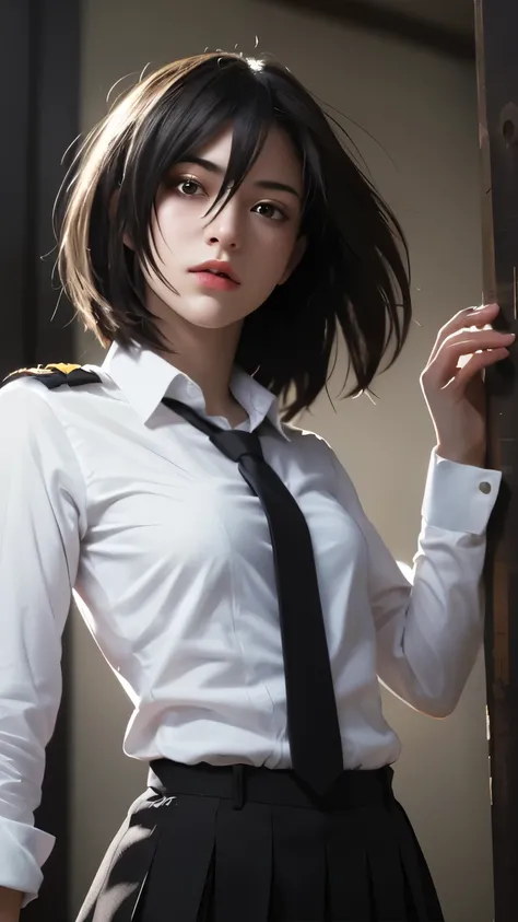 Generate image of one beautiful girl, beautiful hair, realistic, high quality, (masterpiece: 1.5), highly detailed, detailed eyes, Mikasa, in her uniform, 