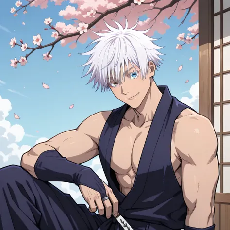 1boy, gojou satoru, jujutsu kaisen, short hair, hair between eyes, blue eyes, muscular, handsome, sexy man, white hair, cool,solo, looking at viewer, holding, closed mouth, sitting,  male focus, flower, japanese clothes, pants, tassel, cherry blossoms, bri...
