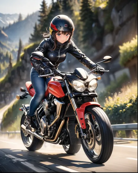 ((( Masterpiece:1.3, Best Quality, hight resolution, nffsw, Perfect Pixel, 4K, nffsw, nffsw))), 1girl in, Off-road motorcycle driving on spring country roads、18-year-old girl、jet helmet、((December scenery, white Christmas, softly falling snow, she drives ...