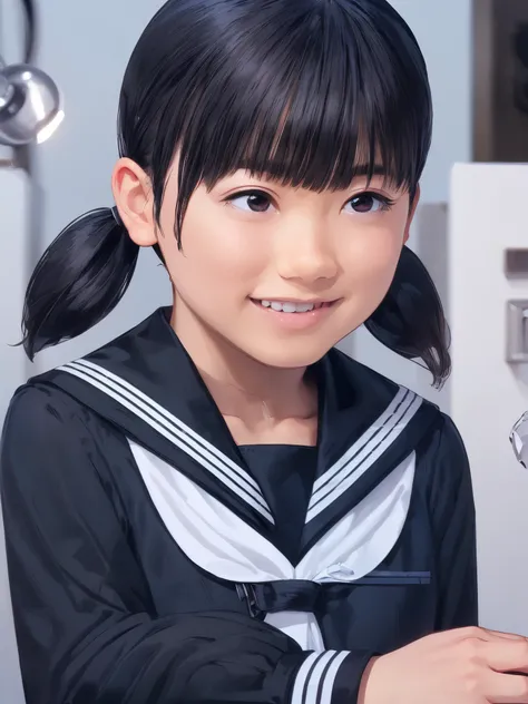 ((black hair:1.3)), twintails hair, bangs, elementary school student, wearing sailor suit, dark blue,  Long sleeve , upper body, ((small eyes:1.2)), make up, (smily), (teeth:1.0), ((looking away:1.3))