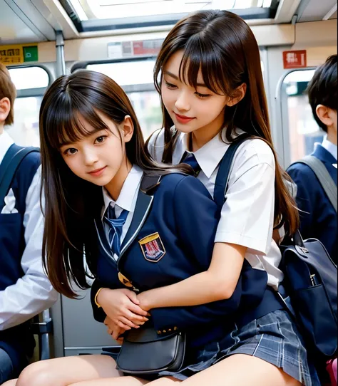 2 cute high school students 、( high school student in uniform)、full body photo撮影、(Get on a crowded train、(Crowded car interior))、(Bian、homosexuality)、( hug from behind:1.4、bag hug:1.4)、 expression of joy 、Ecstasy、full body photo、in High School Uniforms、(...