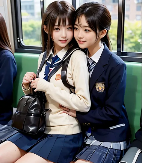 2 cute high school students 、( high school student in uniform)、full body photo撮影、(Get on a crowded train、(Crowded car interior))、(Bian、homosexuality)、( hug from behind:1.4、bag hug:1.4)、 expression of joy 、Ecstasy、full body photo、in High School Uniforms、(...