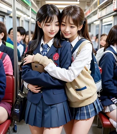 2 cute high school students 、( high school student in uniform)、full body photo撮影、(Get on a crowded train、(Crowded car interior))、(Bian、homosexuality)、( hug from behind:1.4、bag hug:1.4)、 expression of joy 、Ecstasy、full body photo、in High School Uniforms、(...