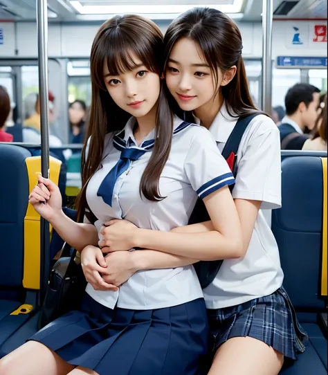 2 cute high school students 、( high school student in uniform)、full body photo撮影、(Get on a crowded train、(Crowded car interior))、(Bian、homosexuality)、( hug from behind:1.4、bag hug:1.4)、 expression of joy 、Ecstasy、full body photo、in High School Uniforms、(...