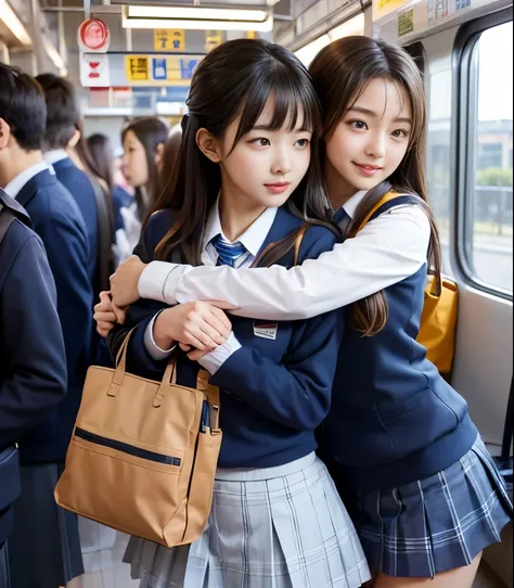 2 cute high school girls 、( high school girl in uniform)、full body photo撮影、(Get on a crowded train、(Crowded car interior))、(Bian、homosexuality)、( hug from behind:1.4、bag hug:1.4)、 expression of joy 、Ecstasy、full body photo、in High School Uniforms、(Perfec...