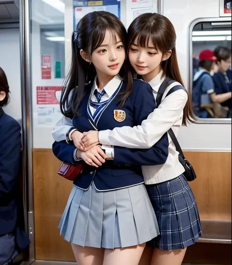 2 cute high school girls 、( high school girl in uniform)、full body photo撮影、(Get on a crowded train、(Crowded car interior))、(Bian、homosexuality)、( hug from behind:1.4、bag hug:1.4)、 expression of joy 、Ecstasy、full body photo、in High School Uniforms、(Perfec...