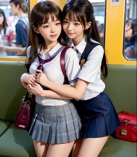2 cute high school girls 、( high school girl in uniform)、full body photo撮影、(Get on a crowded train、(Crowded car interior))、(Bian、homosexuality)、( hug from behind:1.4、bag hug:1.4)、 expression of joy 、Ecstasy、full body photo、in High School Uniforms、(Perfec...