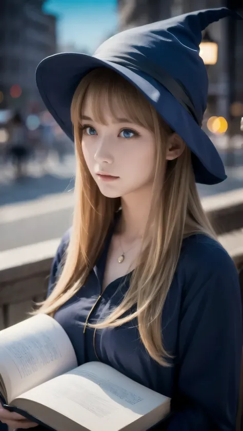 dark  magic ian girl, masterpiece,  Highest Quality , ( 1 girl on break day), alone, (water),  long hair, blondes,   blue hat ,  wizard hat , Spell casting, city, city:2,  motion blur, books,  magic , (moonlight:1.2),  Chromatic Aberration,  You may need t...