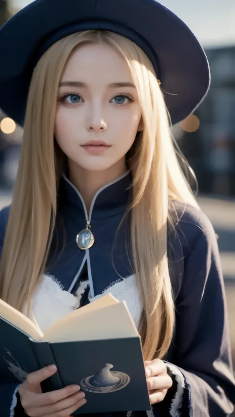 dark  magic ian girl, masterpiece,  Highest Quality , ( 1 girl on break day), alone, (water),  long hair, blondes,   blue hat ,  wizard hat , Spell casting, city, city:2,  motion blur, books,  magic , (moonlight:1.2),  Chromatic Aberration,  You may need t...