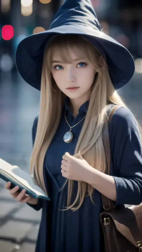 dark  magic ian girl, masterpiece,  Highest Quality , ( 1 girl on break day), alone, (water),  long hair, blondes,   blue hat ,  wizard hat , Spell casting, city, city:2,  motion blur, books,  magic , (moonlight:1.2),  Chromatic Aberration,  You may need t...