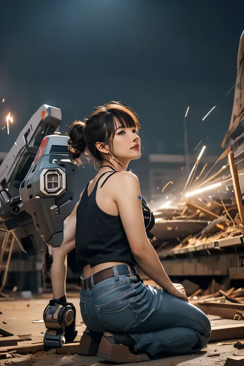 giant robot lying on the ground、((Fault))、(( damaged ))、((sparks))、((Destruction))、((Destruction跡))、