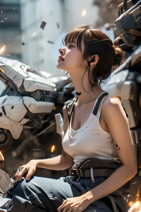 realistic、torso part of a giant robot lying on the ground、((close-up))、((Fault))、(( damaged ))、((sparks))、((Destruction))、((Destruction跡))、((胴体部分だけclose-up2.0))