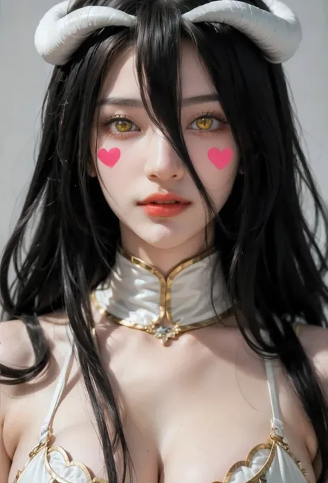 ( masterpiece , best quality ), 1 girl,2d, beautiful face, demon horns ,( long black hair ),( black hair)( black hair largo),( yellow eyes ),pesones with cold , HIGH QUALITY,ultra detailed , albedo,choke, long hair, big breasts , self-adhesive stickers fo...