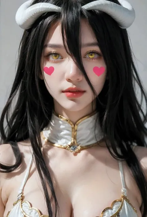( masterpiece , best quality ), 1 girl,2d, beautiful face, demon horns ,( long black hair ),( black hair)( black hair largo),( yellow eyes ),pesones with cold , HIGH QUALITY,ultra detailed , albedo,choke, long hair, big breasts , self-adhesive stickers fo...