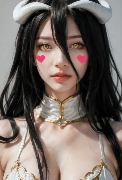 ( masterpiece ,  best quality ), 1 girl,2d, beautiful face, demon horns ,( long black hair ),( black hair)( black hair largo),( yellow eyes ),pesones with cold , HIGH QUALITY,ultra detailed , albedo,choke, long hair, big breasts , self-adhesive stickers fo...