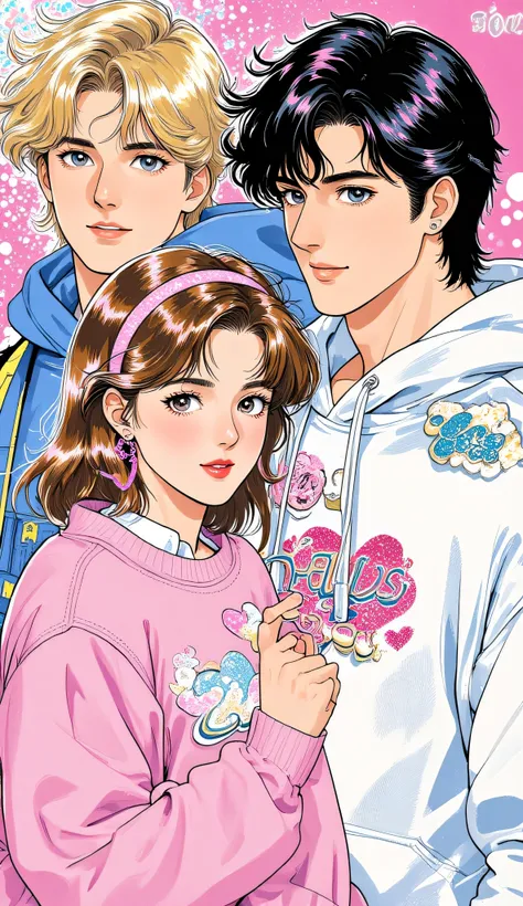 A very aesthetically pleasing abstract style modern drawing book cover . aesthetic background . There is a girl with light brown hair, natural finger nails , she is wearing a cute pink headband and oversized pink cloud embrodiry sweater, she is very beauti...