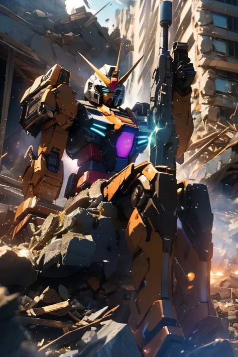 (Standing:1.5), light particles,
(from below), ((best quality)), ((masterpiece)), high resolution, sharp focus, (ultra detailed, highly detailed), (highly detailed CG unity 8k wallpaper),
(((vibrant colors))), {best illustration}, So_GunDam, looking ah...