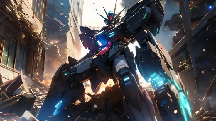 (Standing:1.5), light particles,
(from below), ((best quality)), ((masterpiece)), high resolution, sharp focus, (ultra detailed, highly detailed), (highly detailed CG unity 8k wallpaper),
(((vibrant colors))), {best illustration}, So_GunDam, looking ah...