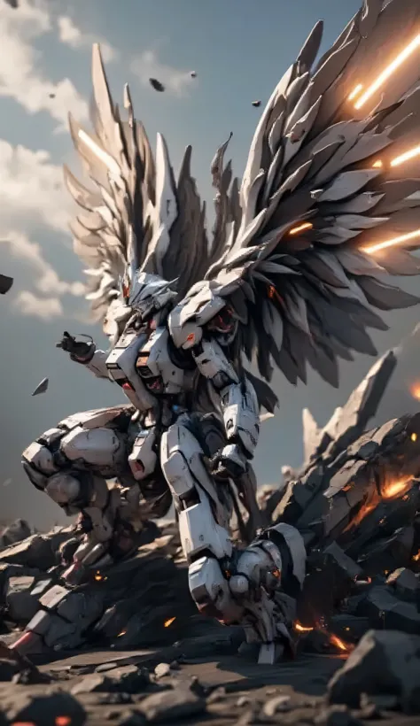 realistic、16k、high image quality、 realistic battlefield、Soaring Dust and Fire、Wing Gundam Zero has realistically shaped wings on its back that fall on one knee and lie down like a fallen angel