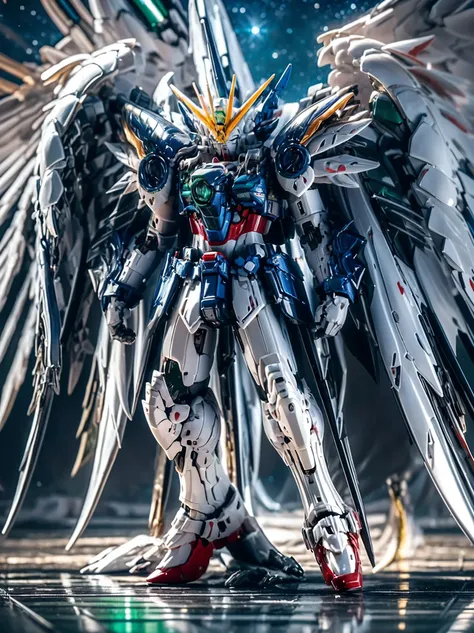 4-wing Gundam Zero,Humanoid Form、(solo:1.5 ), Large robot with wings and halo , mecha wings , with metallic texture, digital , 3Dイラストレーション 4Kの高精細な digital アート, Anime giant mecharobot, Best Anime 4K Konachan Wallpaper , exquisite cosmic angel robot, Detai...