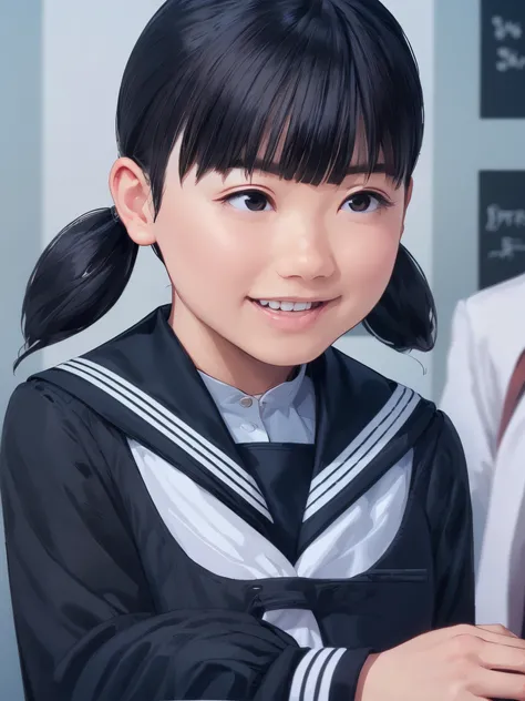 ((black hair:1.3)), twintails hair, bangs, elementary school student, wearing sailor suit, dark blue,  Long sleeve , upper body, ((small eyes:1.2)), make up, (smily), (teeth:1.0), ((looking away:1.3))