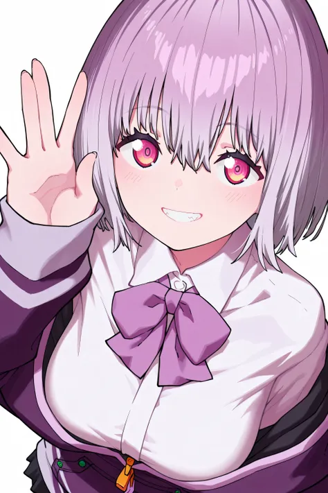 kmj-anonstyle, [artist:yoneyama mai], [artist: ekrea_jan], masterpiece,best quality,amazing quality, 748cmstyle, solo, eye focus, gridman universe, ssss.gridman, shinjou akane, 1girl, off-shoulder jacket, purple jacket, partially unzipped, white shirt, pur...