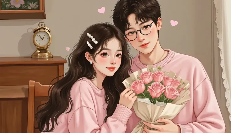 A grown-up version of the couple in their mid-20s. The girl is now a gentle, elegant university lecturer; the boy is a handsome entrepreneur in a shirt, glasses slightly askew. He hugs her from behind in their cozy apartment, hoàng hôn light floods the roo...