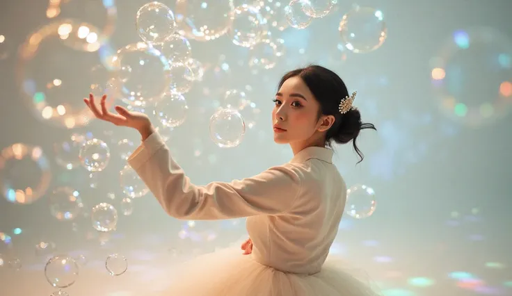 Soap bubbles and chic dressed Japanese woman