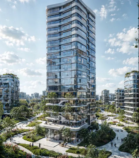 realistic apartment building, by Norman Zaha and Hadid, roads, people, neat, park, people walking, plaza, blue sky. White building and glass. High quality. Glass front solid back