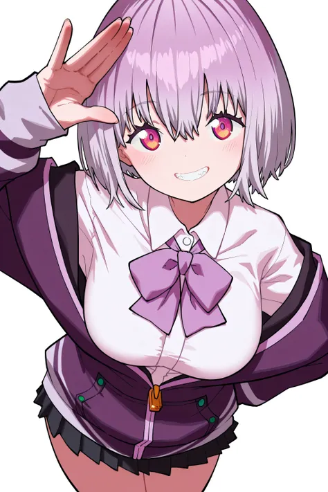 kmj-anonstyle, [artist:yoneyama mai], [artist: ekrea_jan], masterpiece,best quality,amazing quality, 748cmstyle, solo, eye focus, gridman universe, ssss.gridman, shinjou akane, 1girl, grin, hair between eyes, light blush, looking at viewer, purple bow, pur...