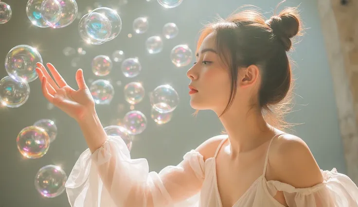 Soap bubbles and chic dressed Japanese woman