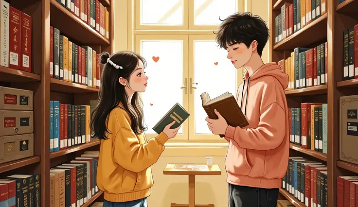 Inside a quiet university library, warm afternoon sunlight streams through tall windows, casting golden patterns across the floor. A beautiful Chinese girl (Douyin makeup, soft straight hair, casual campus outfit) is standing by a bookshelf, pretending to ...